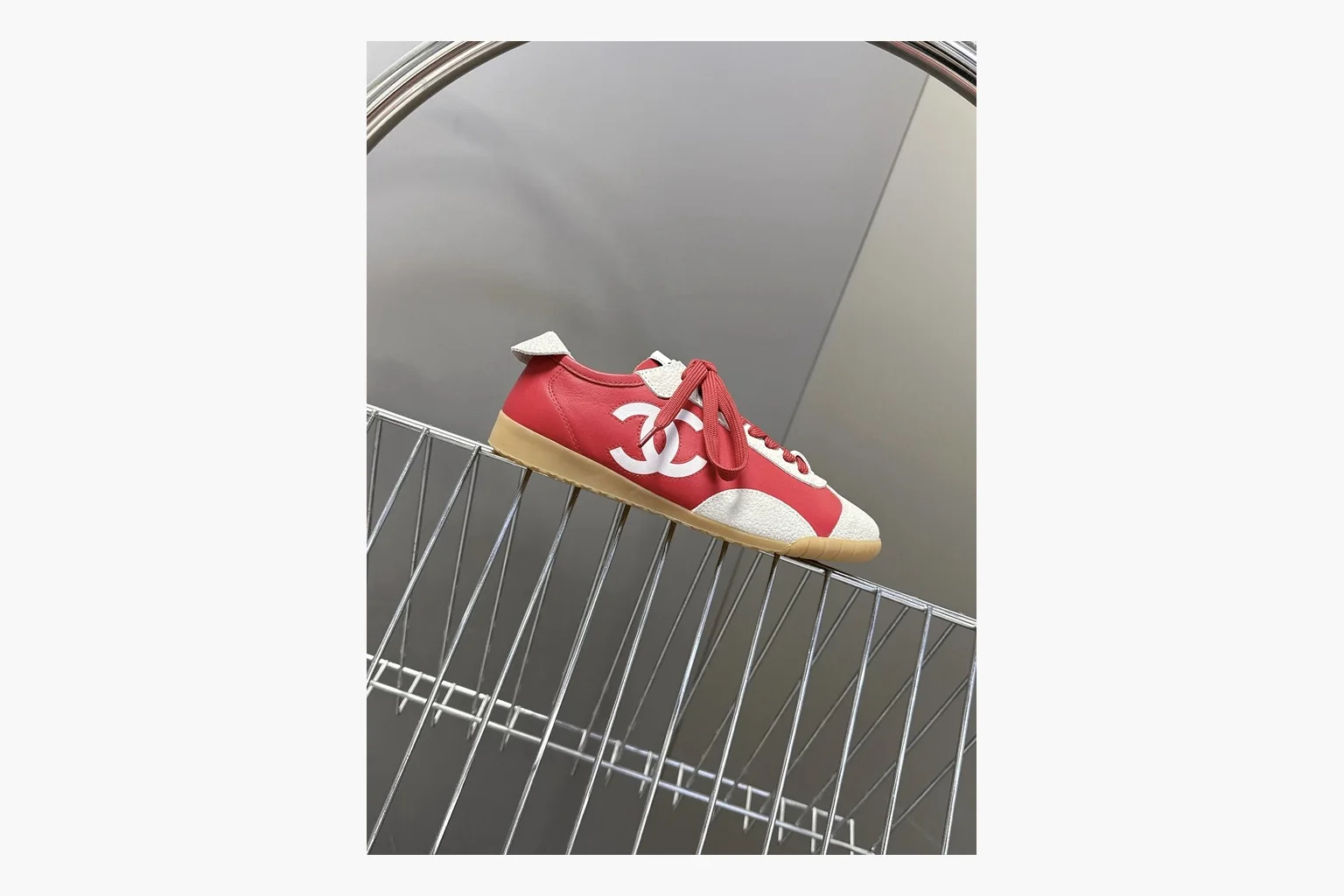 Chanel Red White Platform Sneaker QC reference photo showing red and white low-top upper, platform sole, leather-suede panel mix, box views, and rounded casual sneaker shape