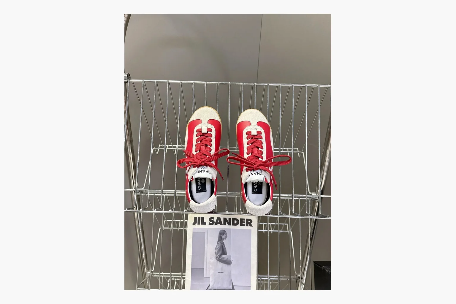 Chanel Red White Platform Sneaker QC reference photo showing red and white low-top upper, platform sole, leather-suede panel mix, box views, and rounded casual sneaker shape thumbnail 3