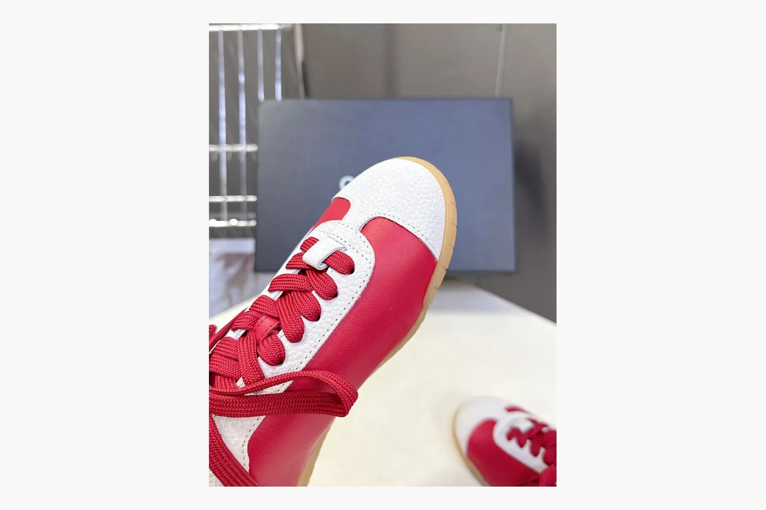 Chanel Red White Platform Sneaker QC reference photo showing red and white low-top upper, platform sole, leather-suede panel mix, box views, and rounded casual sneaker shape thumbnail 4