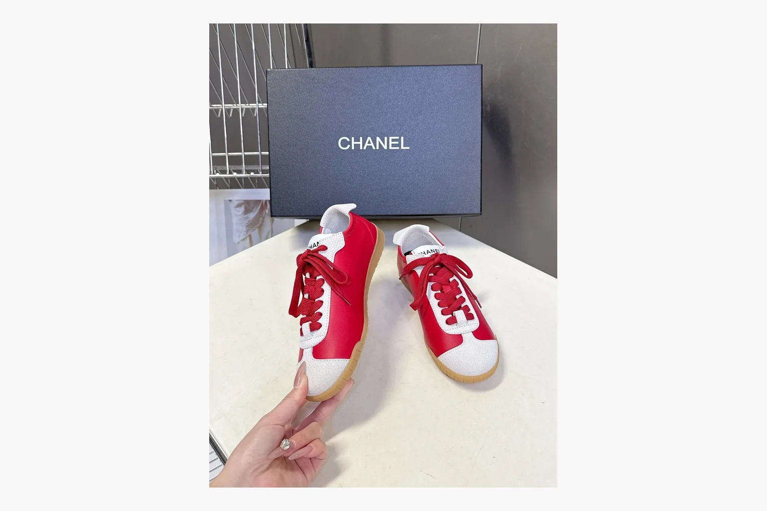 Chanel Red White Platform Sneaker QC reference photo showing red and white low-top upper, platform sole, leather-suede panel mix, box views, and rounded casual sneaker shape thumbnail 6