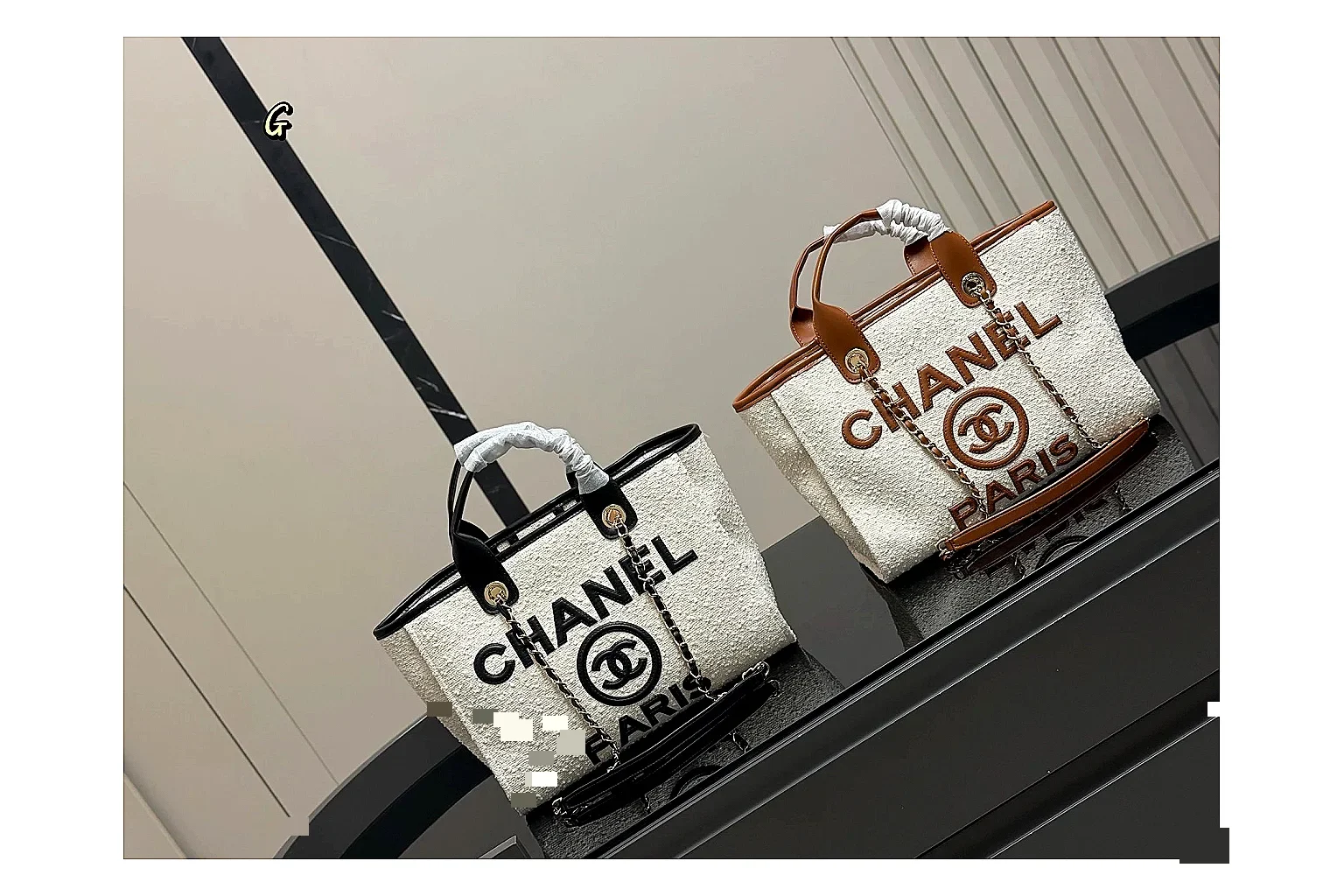 Chanel Tote Bag White Black QC reference photo showing white black canvas-leather tote body, open carry shape, structured handles, and branded luxury-bag details