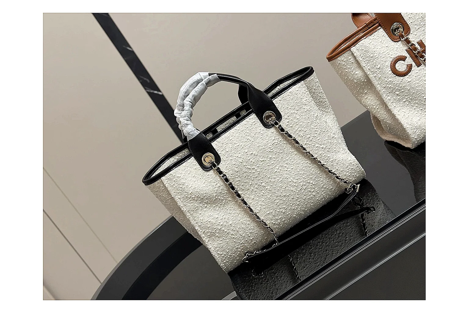 Chanel Tote Bag White Black QC reference photo showing white black canvas-leather tote body, open carry shape, structured handles, and branded luxury-bag details thumbnail 4