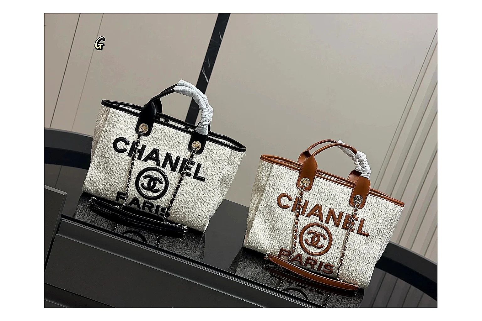 Chanel Tote Bag White Black QC reference photo showing white black canvas-leather tote body, open carry shape, structured handles, and branded luxury-bag details thumbnail 5