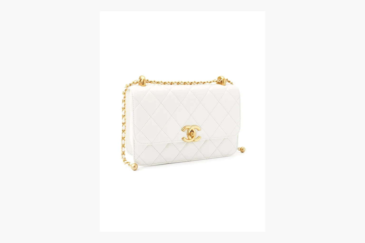 Chanel White Chain Flap Bag QC reference photo showing white leather flap bag body, gold chain hardware, compact rectangular shape, side-view structure, and clean flap edge