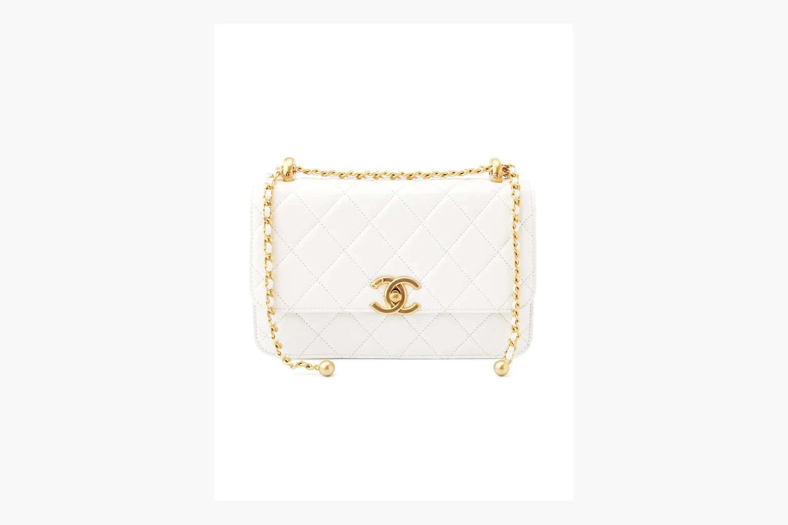 Chanel White Chain Flap Bag QC reference photo showing white leather flap bag body, gold chain hardware, compact rectangular shape, side-view structure, and clean flap edge