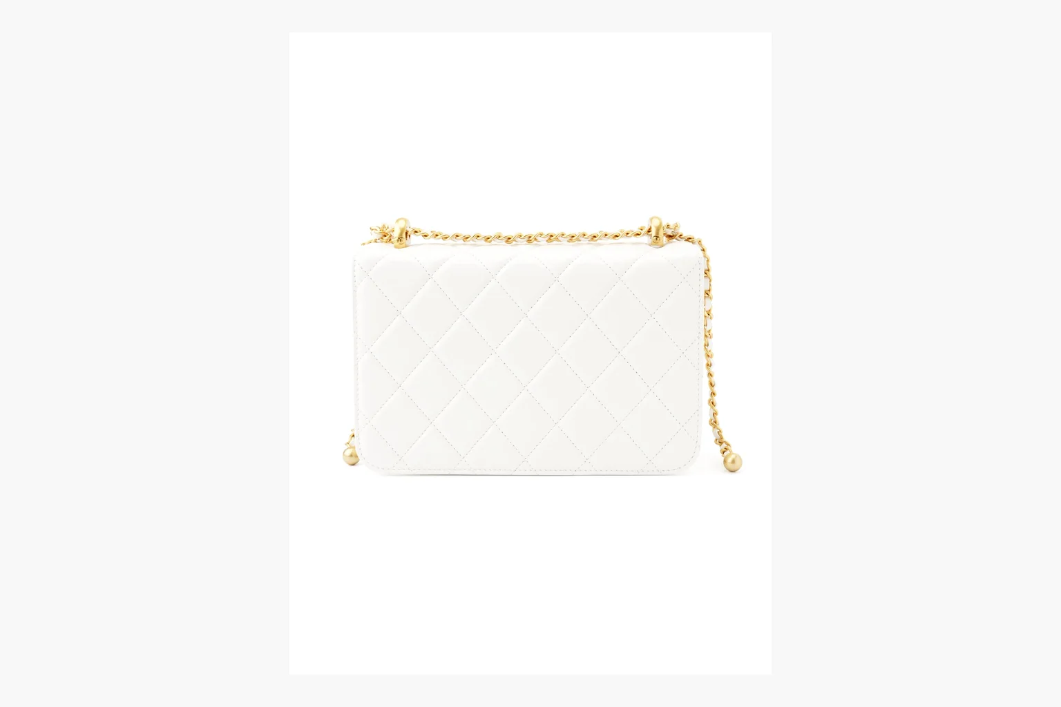 Chanel White Chain Flap Bag QC reference photo showing white leather flap bag body, gold chain hardware, compact rectangular shape, side-view structure, and clean flap edge thumbnail 3