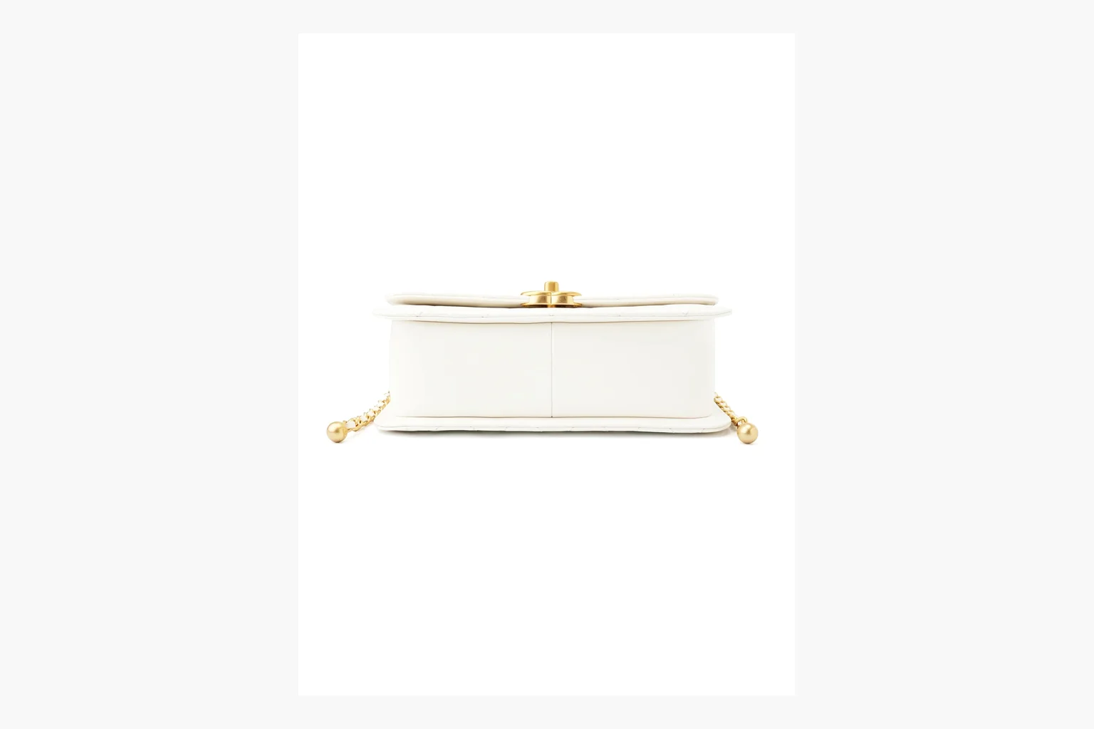 Chanel White Chain Flap Bag QC reference photo showing white leather flap bag body, gold chain hardware, compact rectangular shape, side-view structure, and clean flap edge thumbnail 4