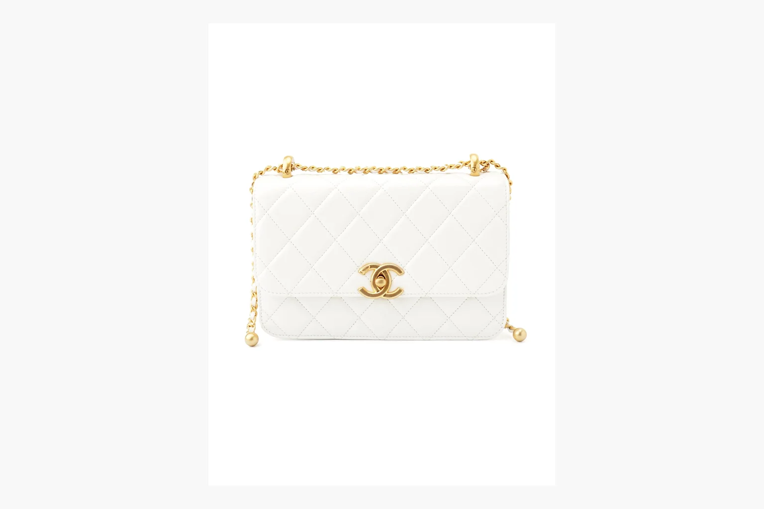 Chanel White Chain Flap Bag QC reference photo showing white leather flap bag body, gold chain hardware, compact rectangular shape, side-view structure, and clean flap edge thumbnail 5