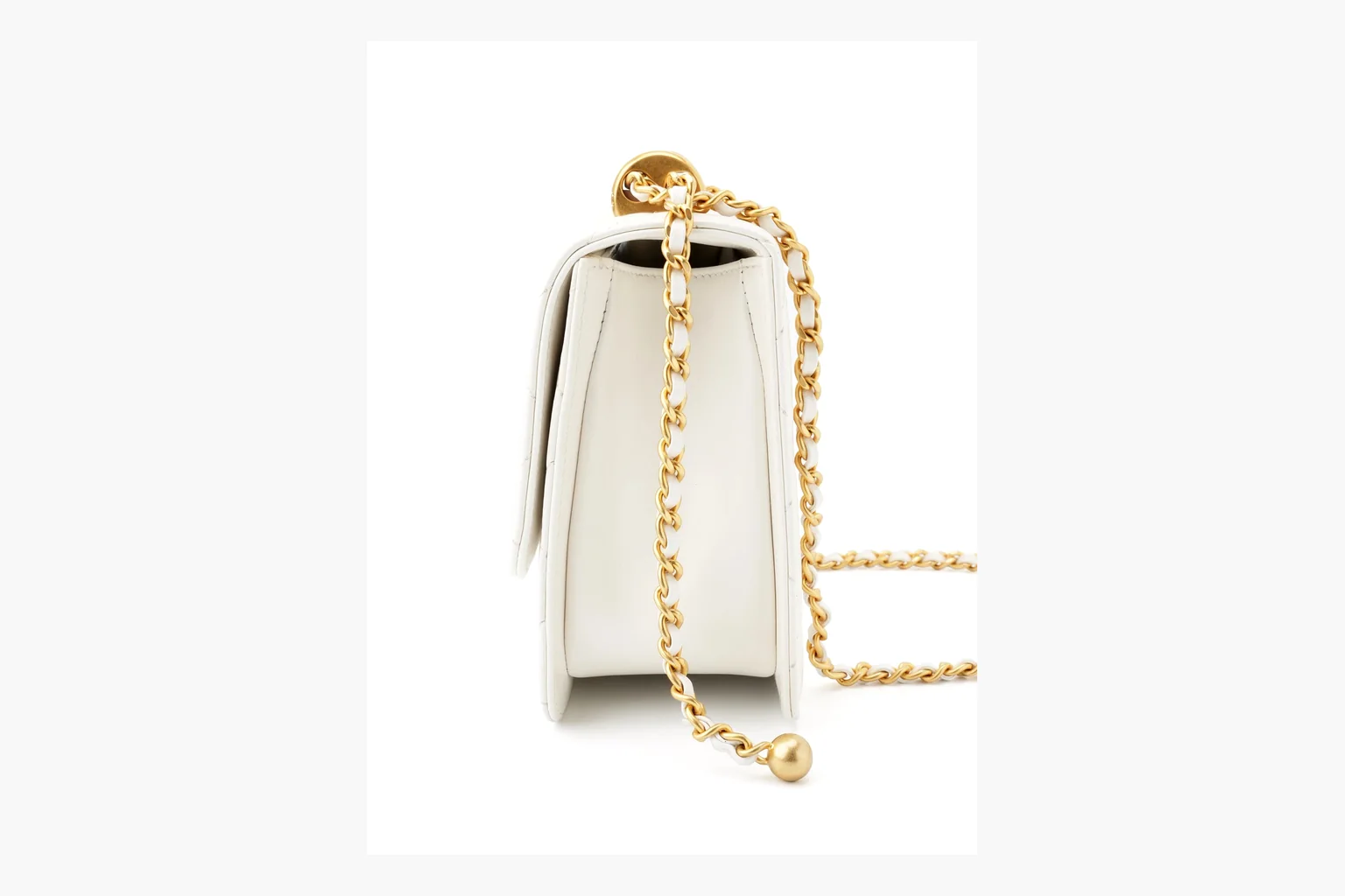 Chanel White Chain Flap Bag QC reference photo showing white leather flap bag body, gold chain hardware, compact rectangular shape, side-view structure, and clean flap edge thumbnail 6