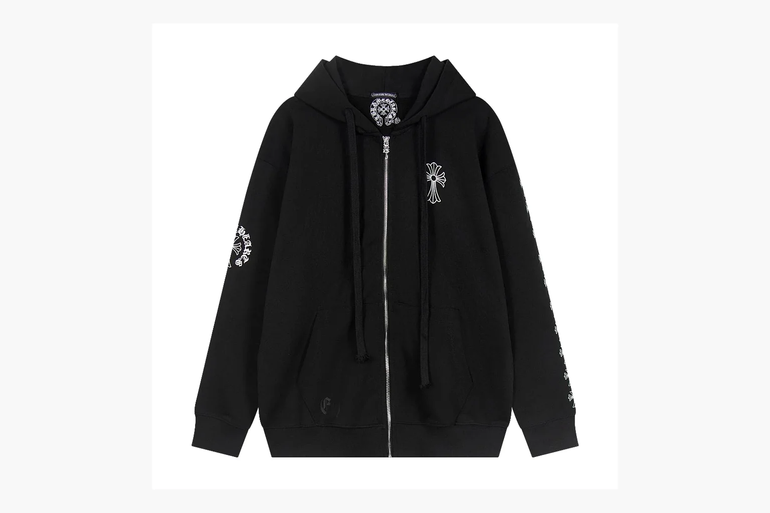 Chrome Hearts Cross Zip Hoodie Black QC reference photo showing black cotton fleece zip hoodie, large back cross graphic, silver zipper pull, hood drawcords, and front pocket structure