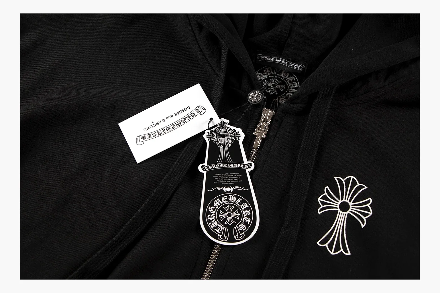 Chrome Hearts Cross Zip Hoodie Black QC reference photo showing black cotton fleece zip hoodie, large back cross graphic, silver zipper pull, hood drawcords, and front pocket structure thumbnail 3