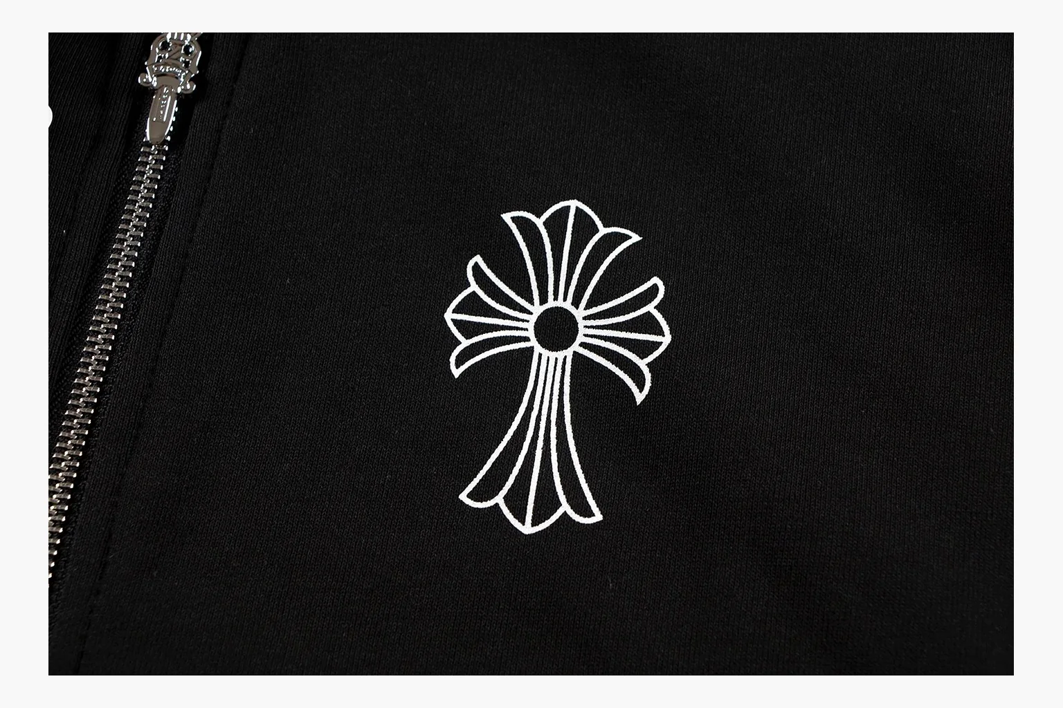 Chrome Hearts Cross Zip Hoodie Black QC reference photo showing black cotton fleece zip hoodie, large back cross graphic, silver zipper pull, hood drawcords, and front pocket structure thumbnail 4
