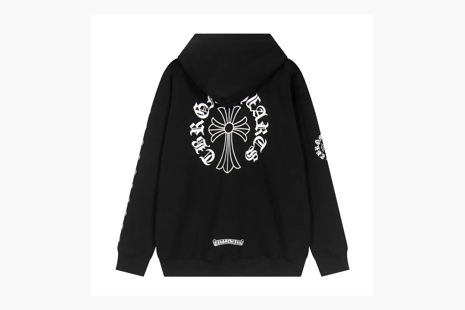 Chrome Hearts Cross Zip Hoodie Black QC reference photo showing black cotton fleece zip hoodie, large back cross graphic, silver zipper pull, hood drawcords, and front pocket structure thumbnail 5