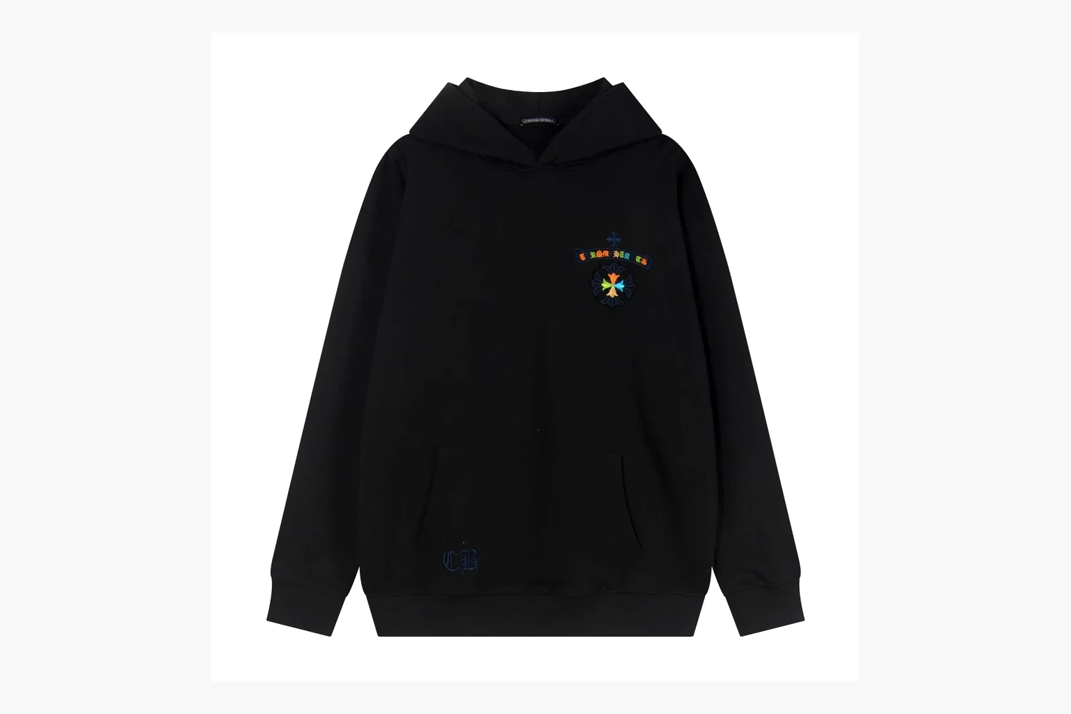 Chrome Hearts Rainbow Logo Hoodie Black QC reference photo showing black cotton fleece pullover body, colorful back logo, hood detail, sleeve print, kangaroo pocket, and ribbed trim