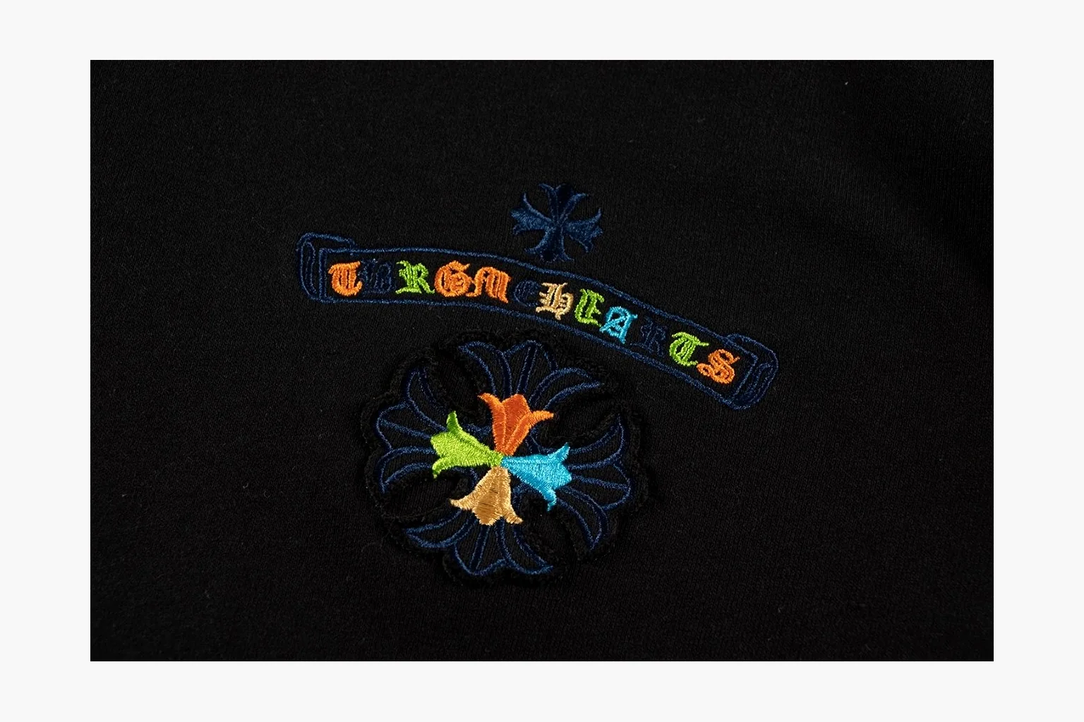 Chrome Hearts Rainbow Logo Hoodie Black QC reference photo showing black cotton fleece pullover body, colorful back logo, hood detail, sleeve print, kangaroo pocket, and ribbed trim thumbnail 3