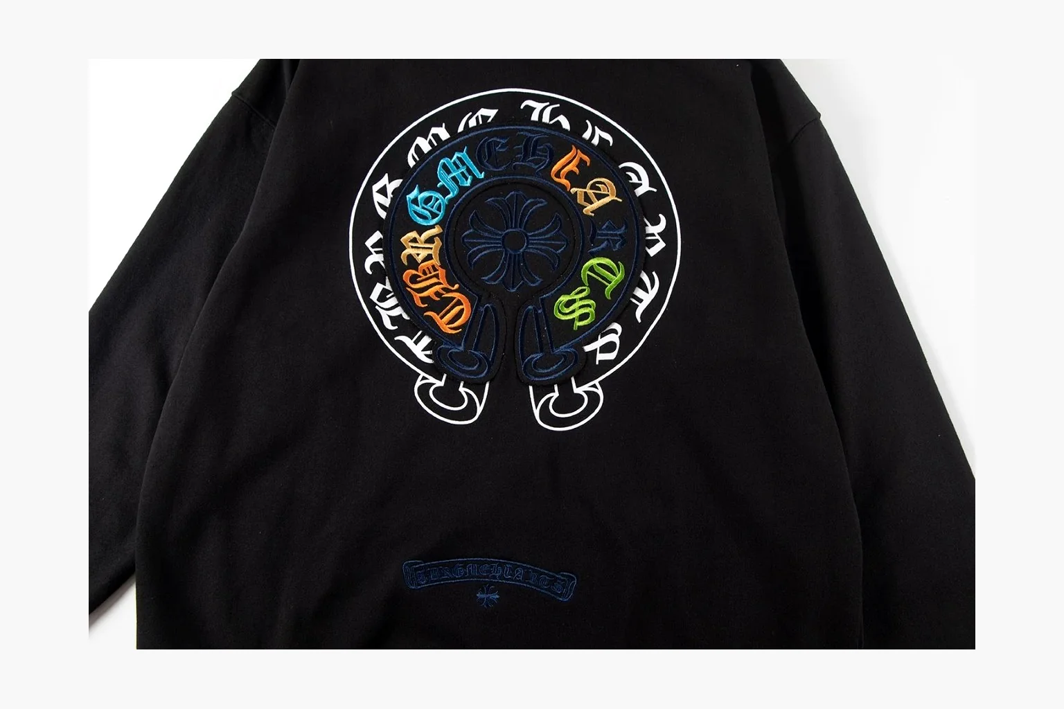 Chrome Hearts Rainbow Logo Hoodie Black QC reference photo showing black cotton fleece pullover body, colorful back logo, hood detail, sleeve print, kangaroo pocket, and ribbed trim thumbnail 4