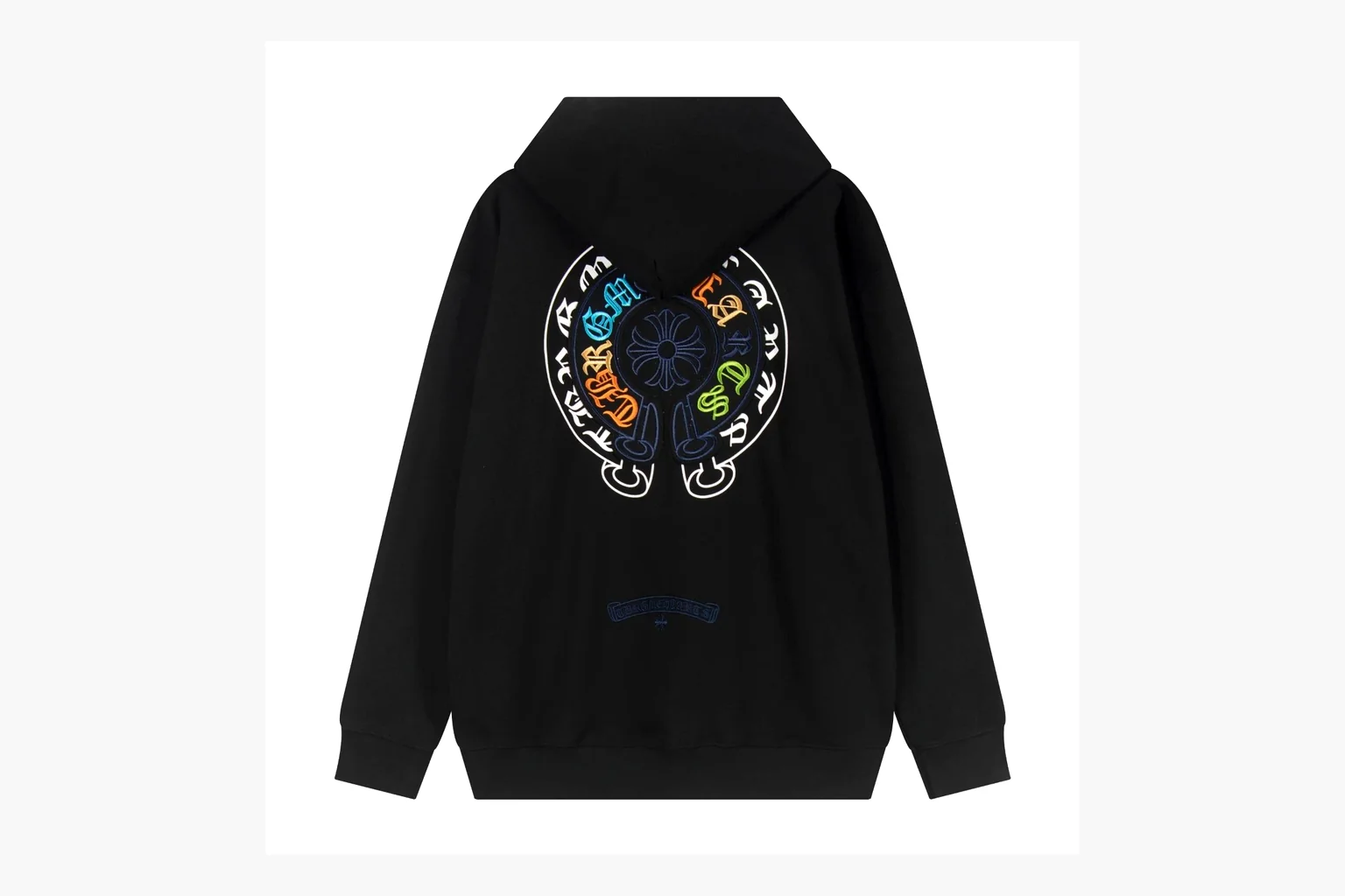 Chrome Hearts Rainbow Logo Hoodie Black QC reference photo showing black cotton fleece pullover body, colorful back logo, hood detail, sleeve print, kangaroo pocket, and ribbed trim thumbnail 5
