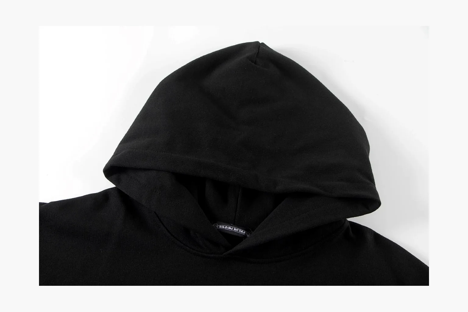 Chrome Hearts Rainbow Logo Hoodie Black QC reference photo showing black cotton fleece pullover body, colorful back logo, hood detail, sleeve print, kangaroo pocket, and ribbed trim thumbnail 6