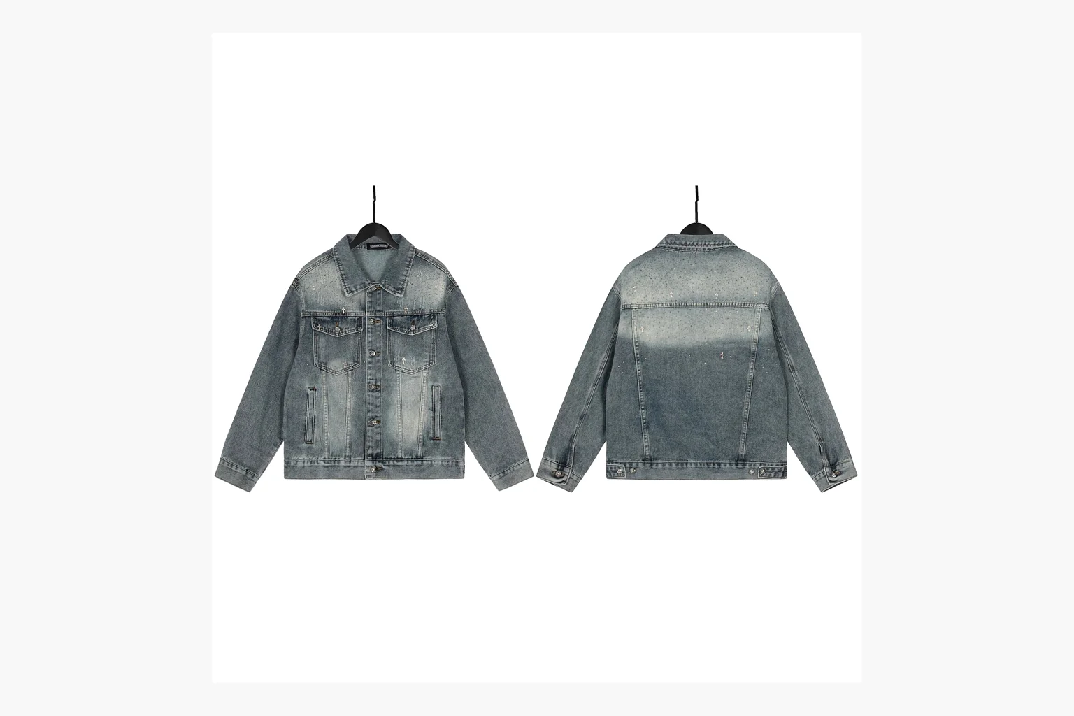 Chrome Hearts Rhinestone Denim Jacket Blue QC reference photo showing washed blue denim jacket body, rhinestone cross pattern, button pockets, collar panels, metal hardware, and structured trucker shape