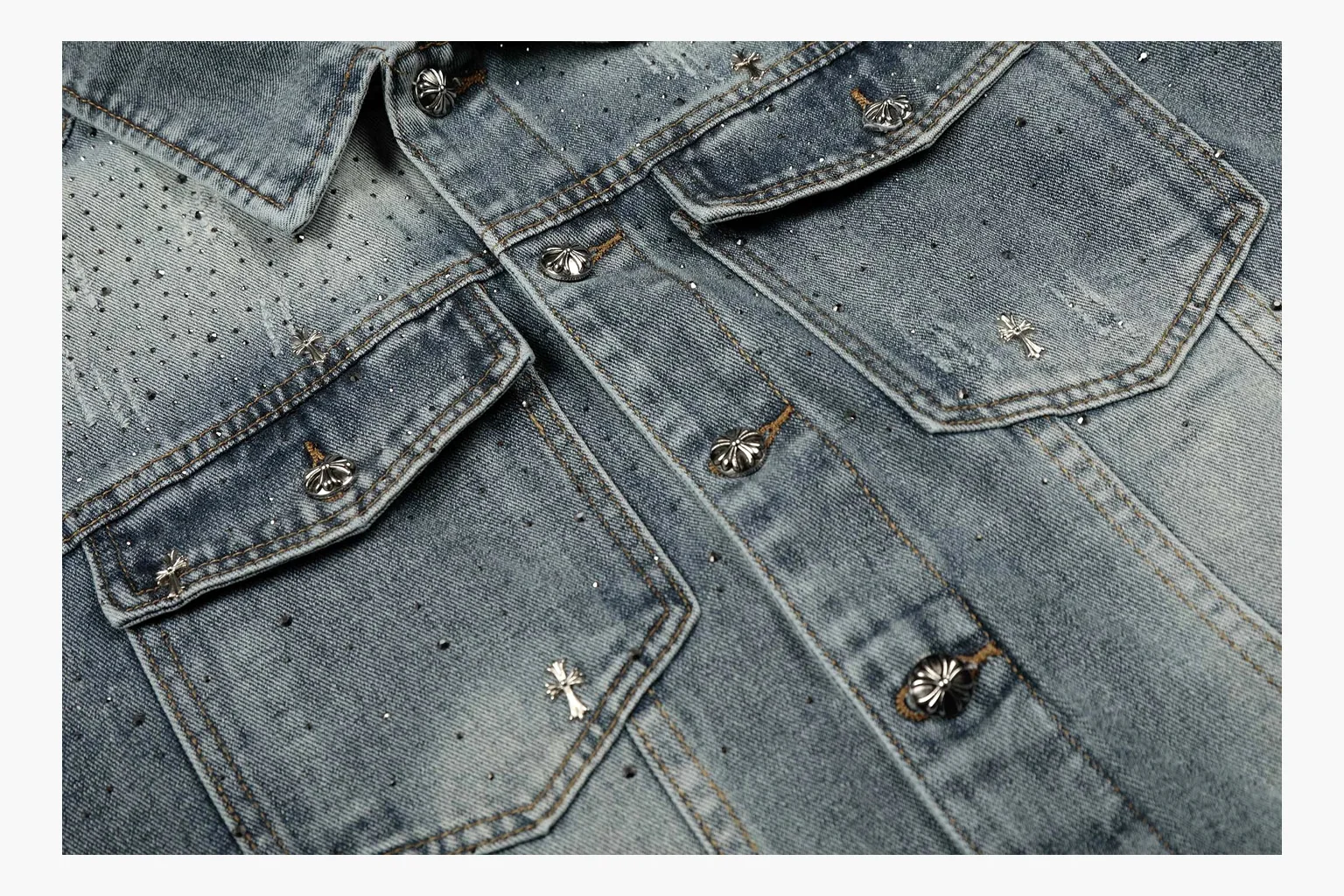 Chrome Hearts Rhinestone Denim Jacket Blue QC reference photo showing washed blue denim jacket body, rhinestone cross pattern, button pockets, collar panels, metal hardware, and structured trucker shape