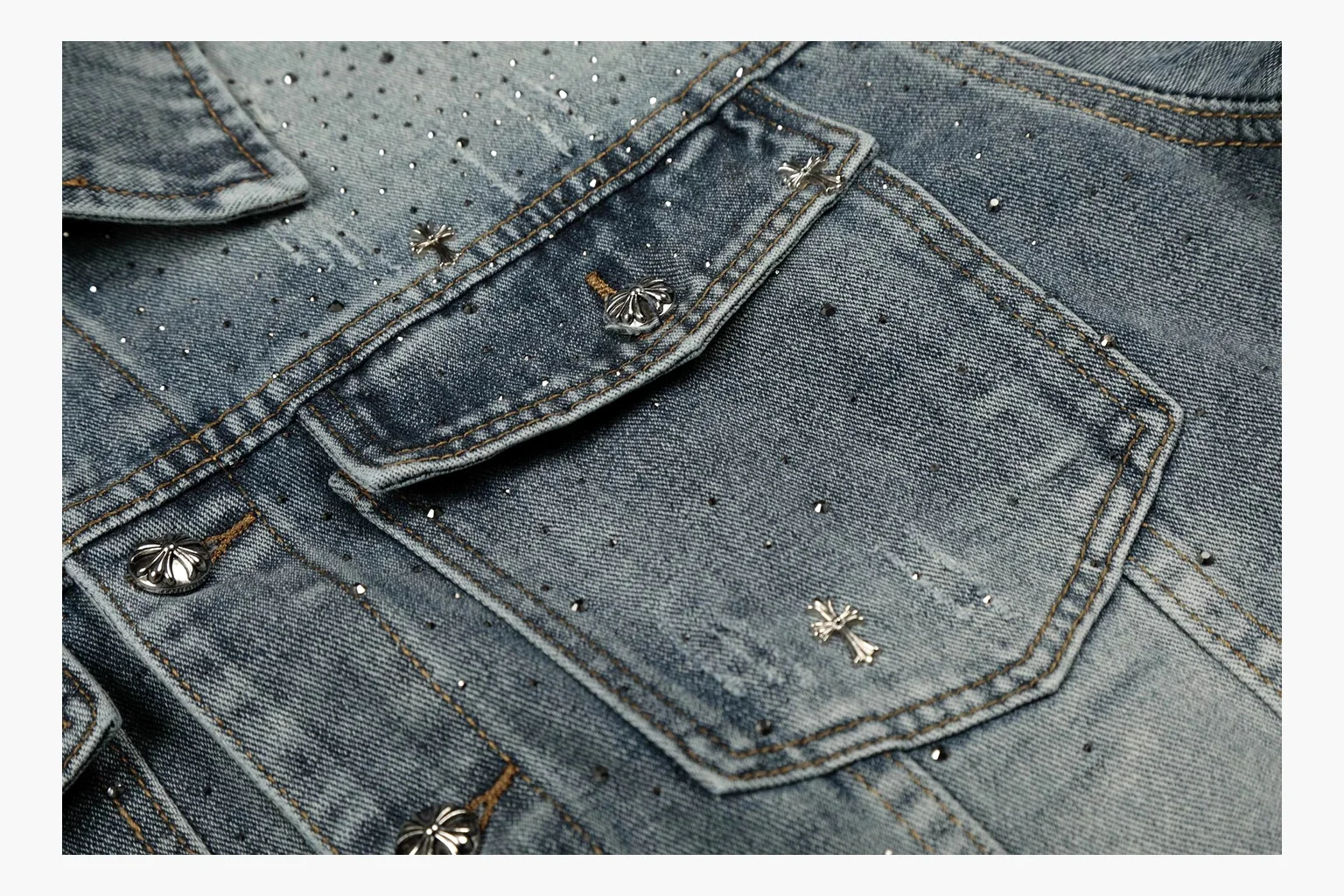 Chrome Hearts Rhinestone Denim Jacket Blue QC reference photo showing washed blue denim jacket body, rhinestone cross pattern, button pockets, collar panels, metal hardware, and structured trucker shape thumbnail 4