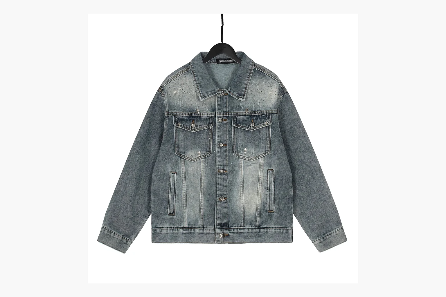 Chrome Hearts Rhinestone Denim Jacket Blue QC reference photo showing washed blue denim jacket body, rhinestone cross pattern, button pockets, collar panels, metal hardware, and structured trucker shape thumbnail 5