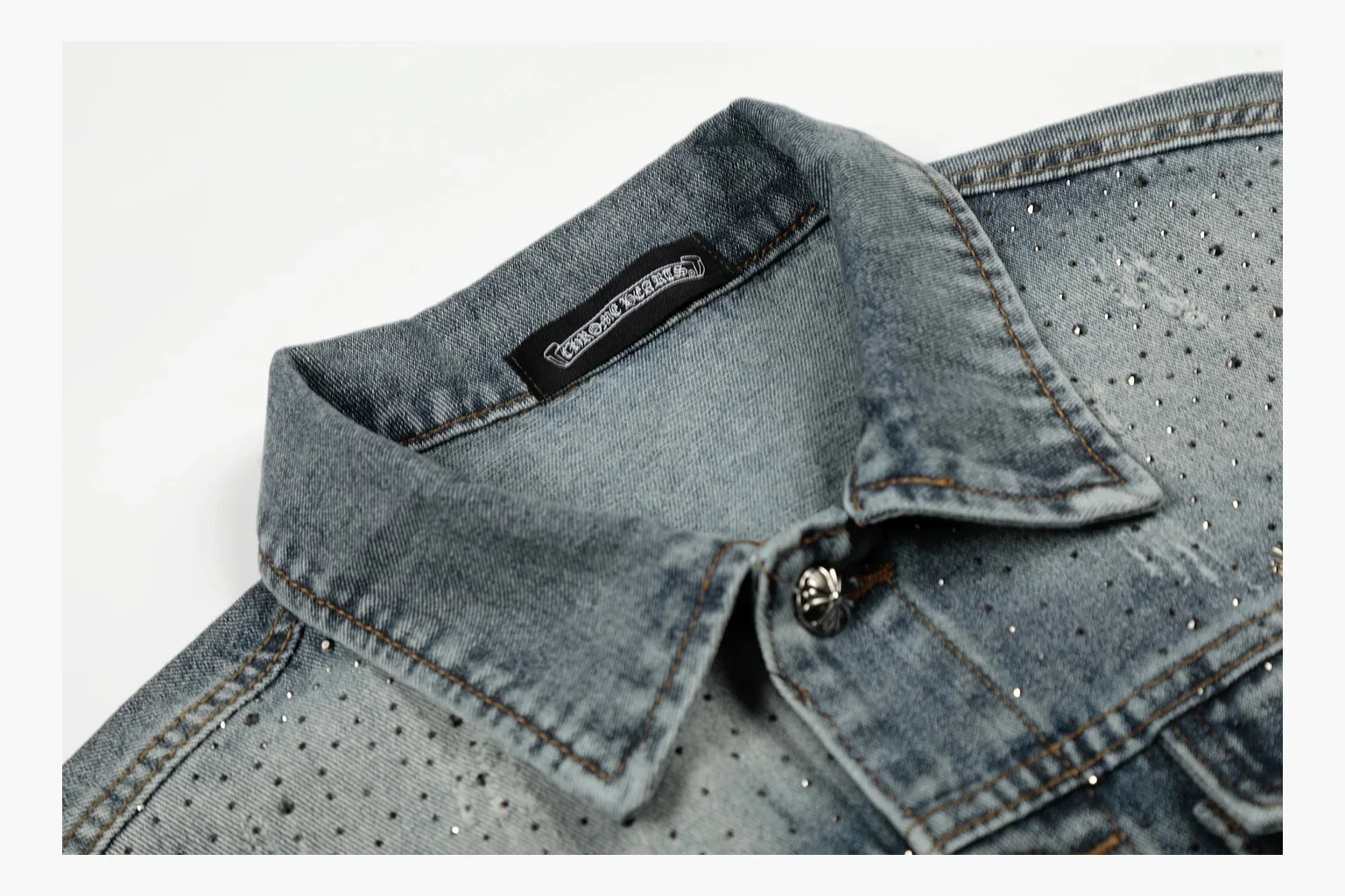 Chrome Hearts Rhinestone Denim Jacket Blue QC reference photo showing washed blue denim jacket body, rhinestone cross pattern, button pockets, collar panels, metal hardware, and structured trucker shape thumbnail 6