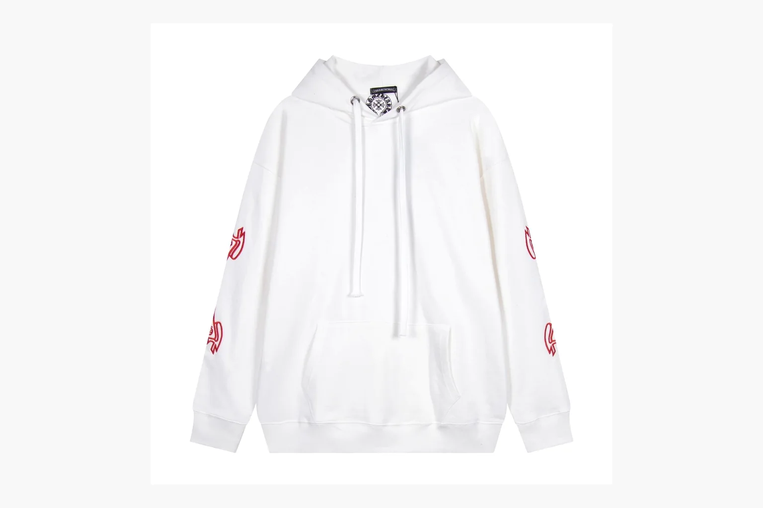 Chrome Hearts White Cross Zip Hoodie QC reference photo showing white cotton fleece zip hoodie, cross back artwork, drawcord hood, sleeve print, front zipper, and ribbed trim
