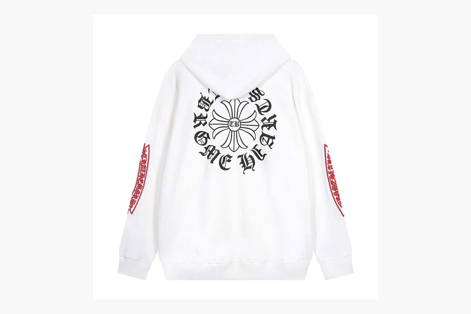 Chrome Hearts White Cross Zip Hoodie QC reference photo showing white cotton fleece zip hoodie, cross back artwork, drawcord hood, sleeve print, front zipper, and ribbed trim thumbnail 5