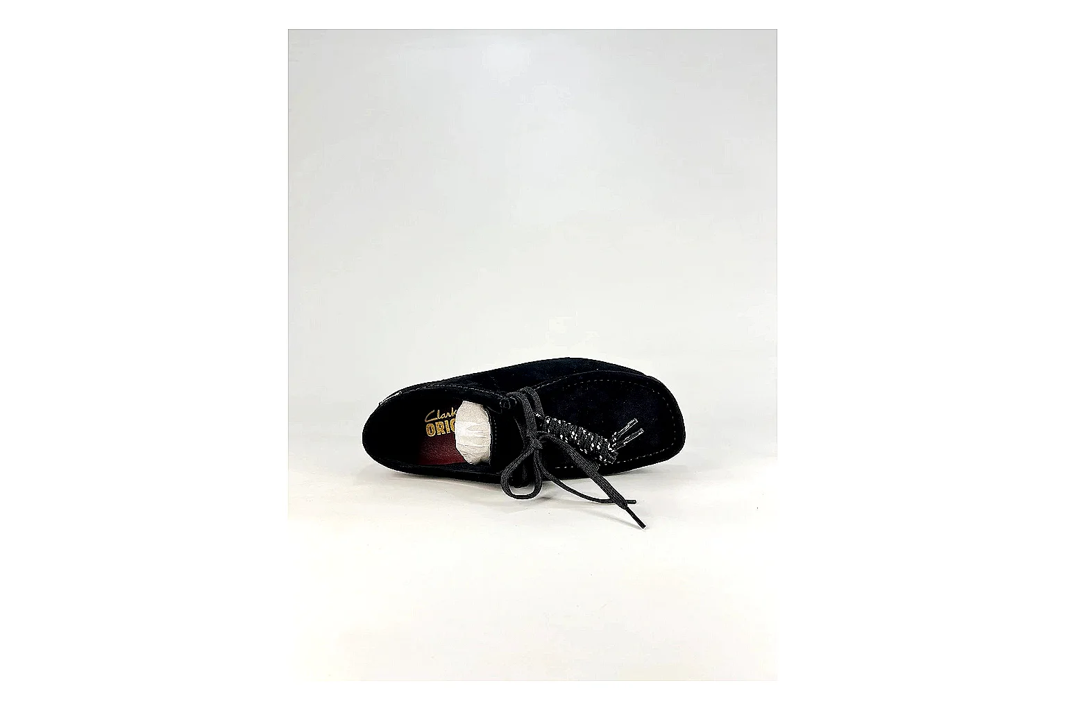 Clarks Wallabee Black Sneakers QC photo reference showing black suede Wallabee shoes with suede texture, side-profile shape, upper panel lines, and outsole detail thumbnail 6