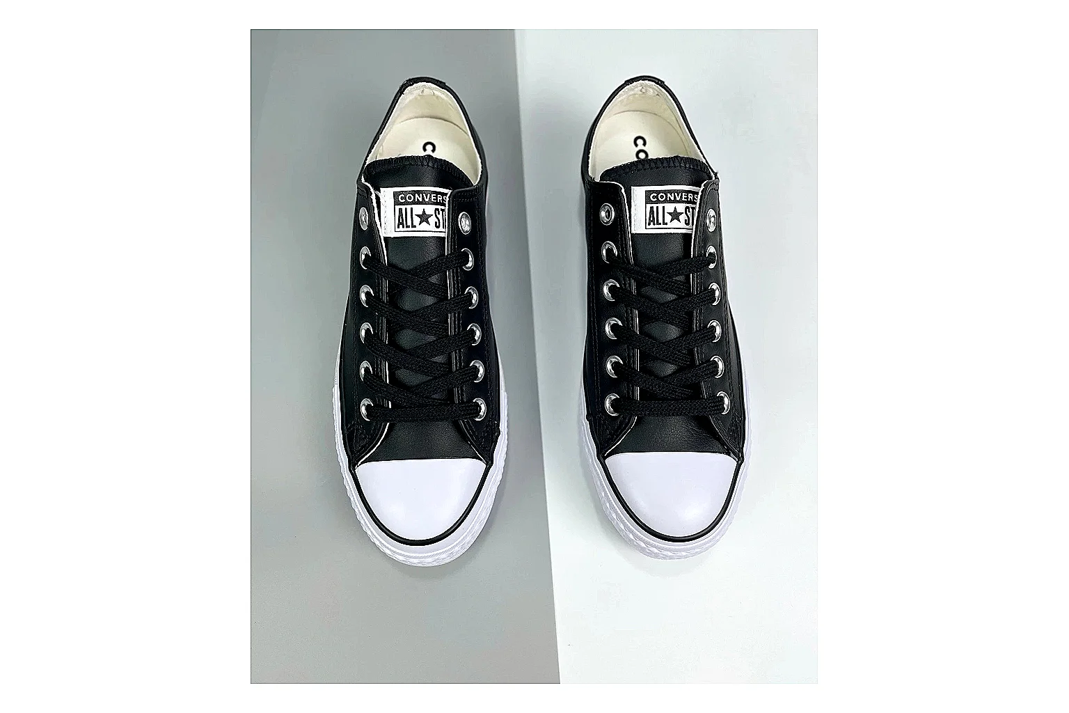 Converse All Star Lift Black Platform Low Top QC reference photo showing black leather low-top upper, silver eyelets, white rubber toe cap, and elevated striped platform sole thumbnail 6
