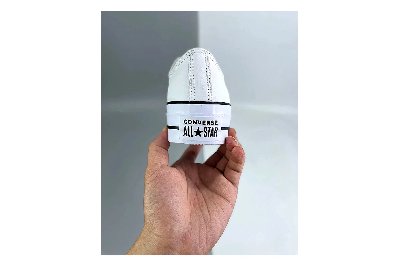 Converse All Star Lift White Platform Low Top QC reference photo showing white smooth low-top upper, silver eyelets, black foxing stripes, and elevated platform rubber sole thumbnail 2