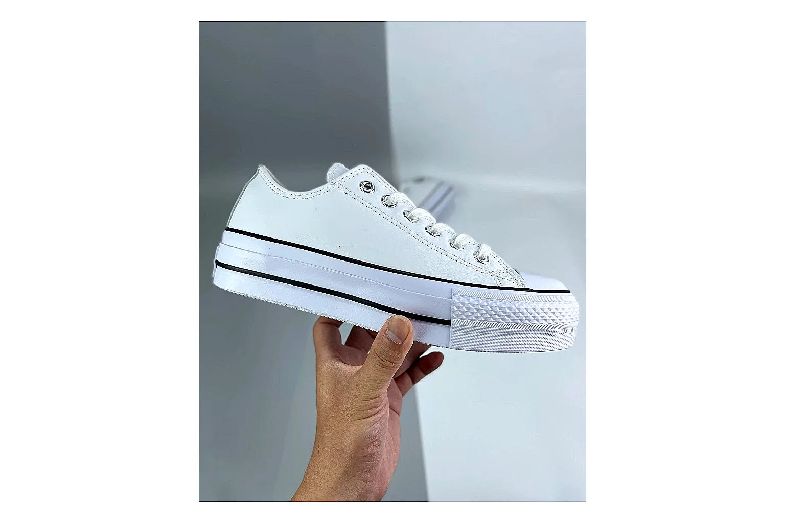 Converse All Star Lift White Platform Low Top QC reference photo showing white smooth low-top upper, silver eyelets, black foxing stripes, and elevated platform rubber sole thumbnail 5