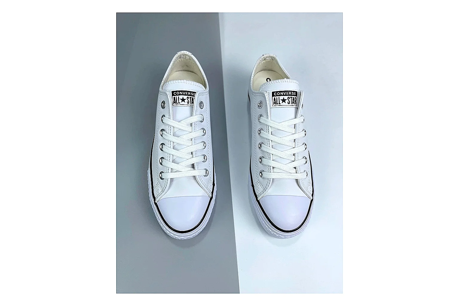 Converse All Star Lift White Platform Low Top QC reference photo showing white smooth low-top upper, silver eyelets, black foxing stripes, and elevated platform rubber sole thumbnail 6