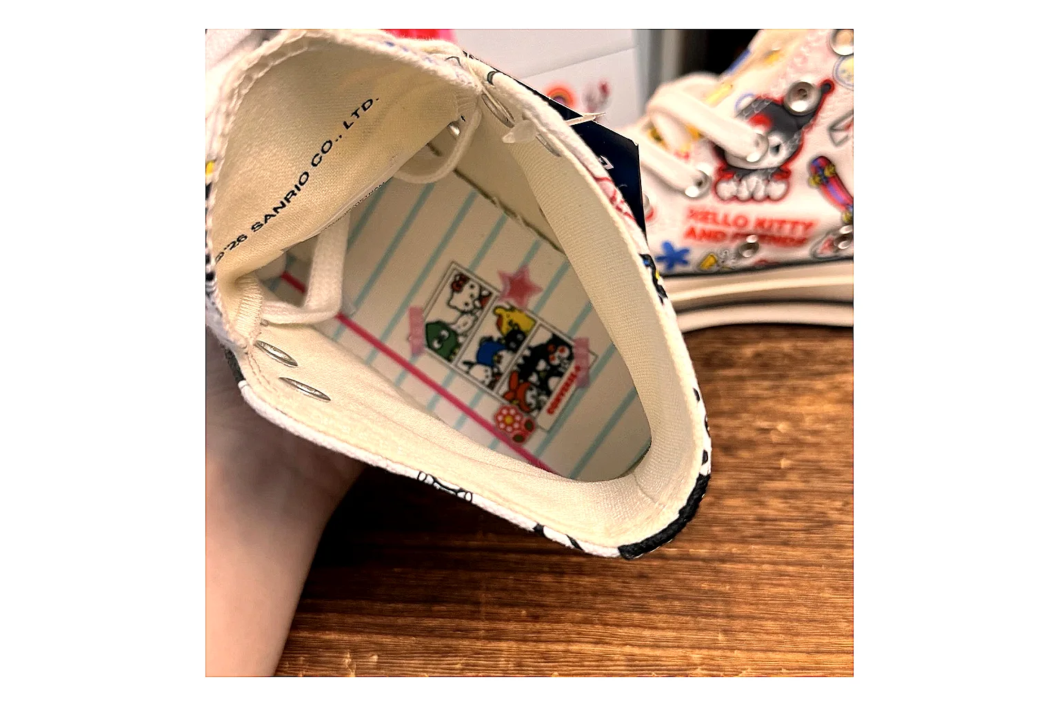 Converse Hello Kitty Chuck 70 High Top QC reference photo showing white canvas high-top upper, colorful character graphics, metal eyelets, rubber toe cap, and elevated vintage sole