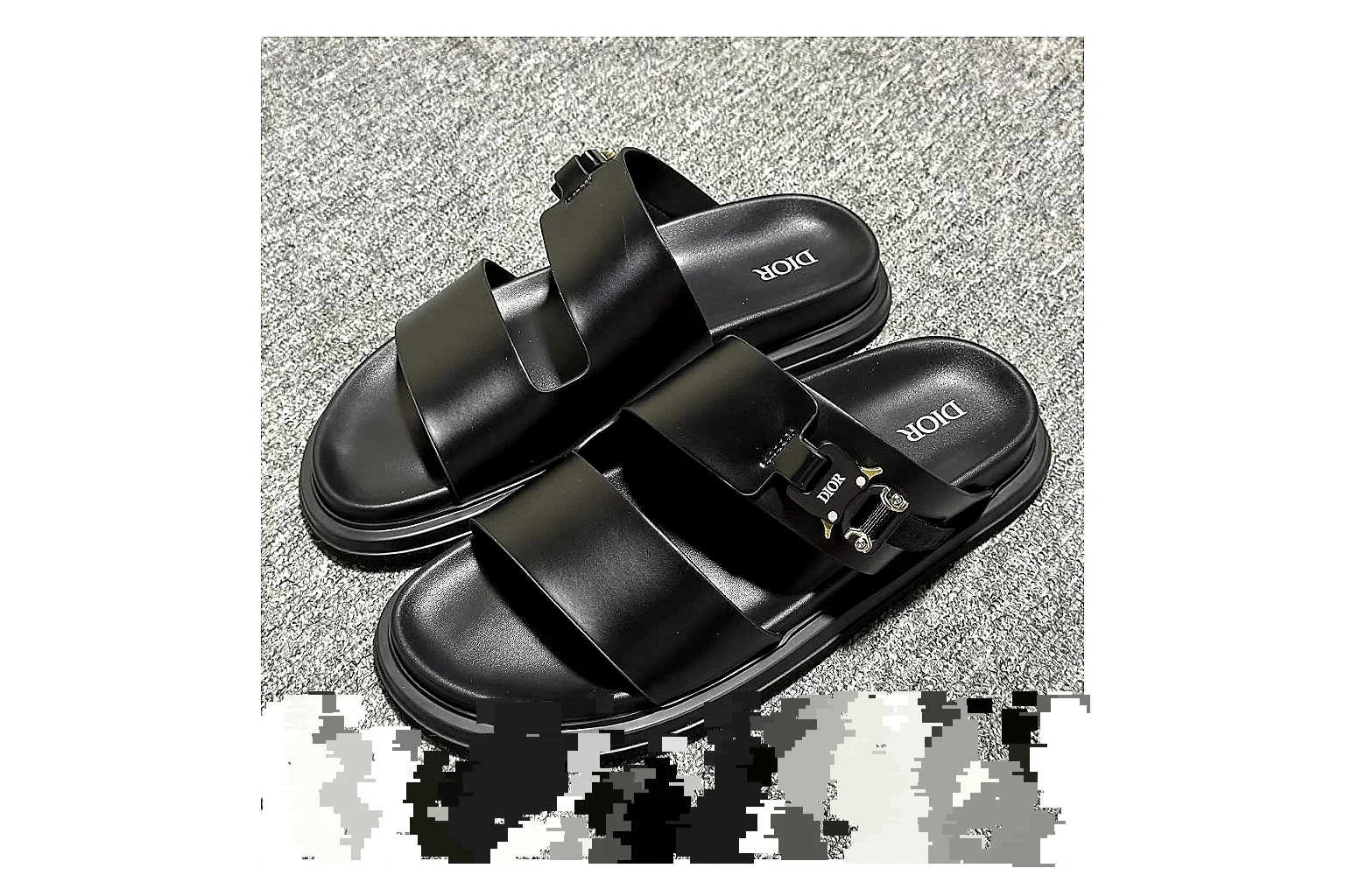 Dior Oblique Black Buckle Slide QC photo showing black oblique buckle slide with mixed upper and slide shape