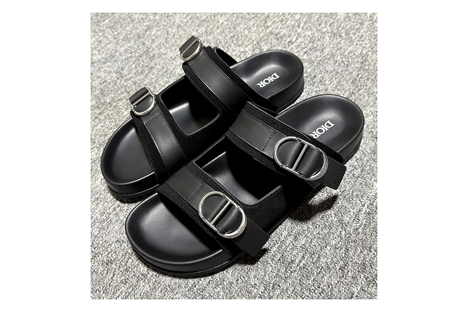 Dior Oblique Black Buckle Slide QC photo showing black oblique buckle slide with mixed upper and slide shape