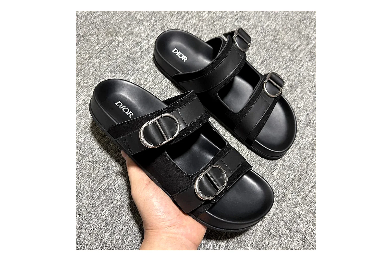 Dior Oblique Black Buckle Slide QC photo showing black oblique buckle slide with mixed upper and slide shape thumbnail 4