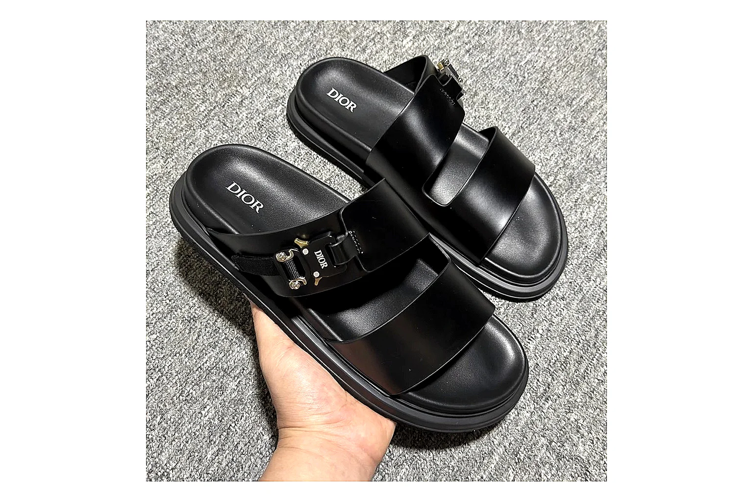 Dior Oblique Black Buckle Slide QC photo showing black oblique buckle slide with mixed upper and slide shape thumbnail 6