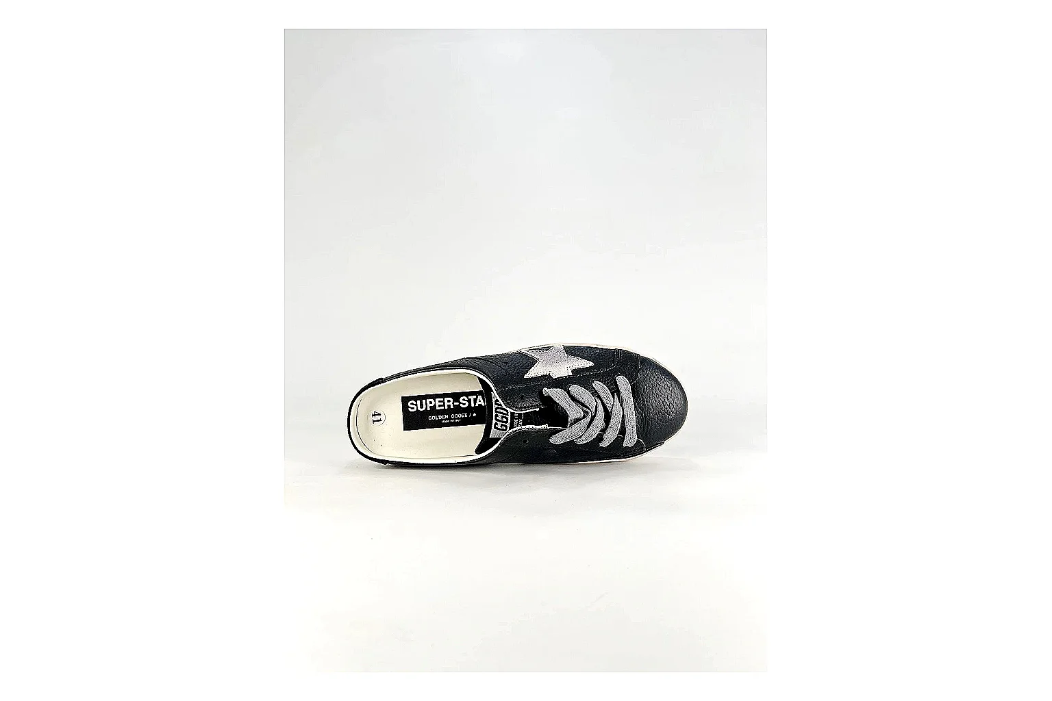 GGDB Super-Star Black White Sneakers QC photo reference showing black white distressed low-top sneakers with leather texture, side-profile shape, upper panel lines, and outsole detail thumbnail 2