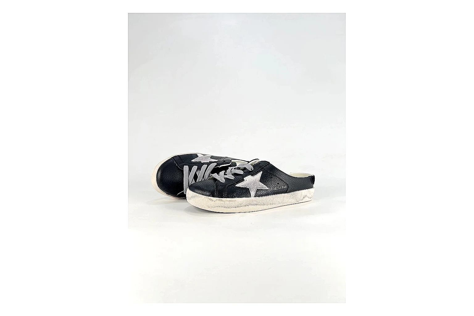 GGDB Super-Star Black White Sneakers QC photo reference showing black white distressed low-top sneakers with leather texture, side-profile shape, upper panel lines, and outsole detail thumbnail 5