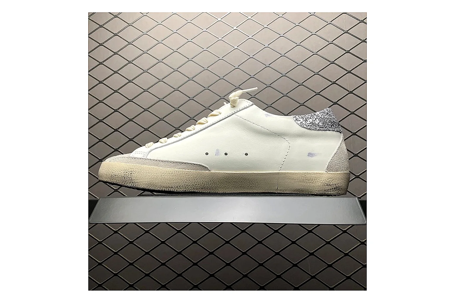 Golden Goose Super-Star White Silver QC photo showing white silver gold super-star distressed low-top with mixed upper and low top shape thumbnail 2
