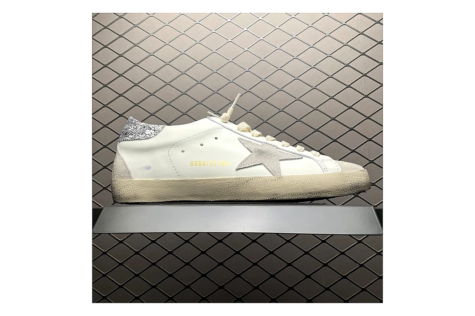 Golden Goose Super-Star White Silver QC photo showing white silver gold super-star distressed low-top with mixed upper and low top shape thumbnail 4