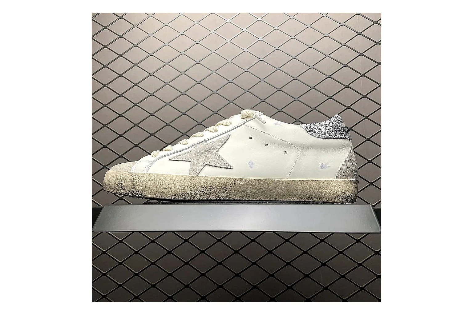 Golden Goose Super-Star White Silver QC photo showing white silver gold super-star distressed low-top with mixed upper and low top shape thumbnail 5