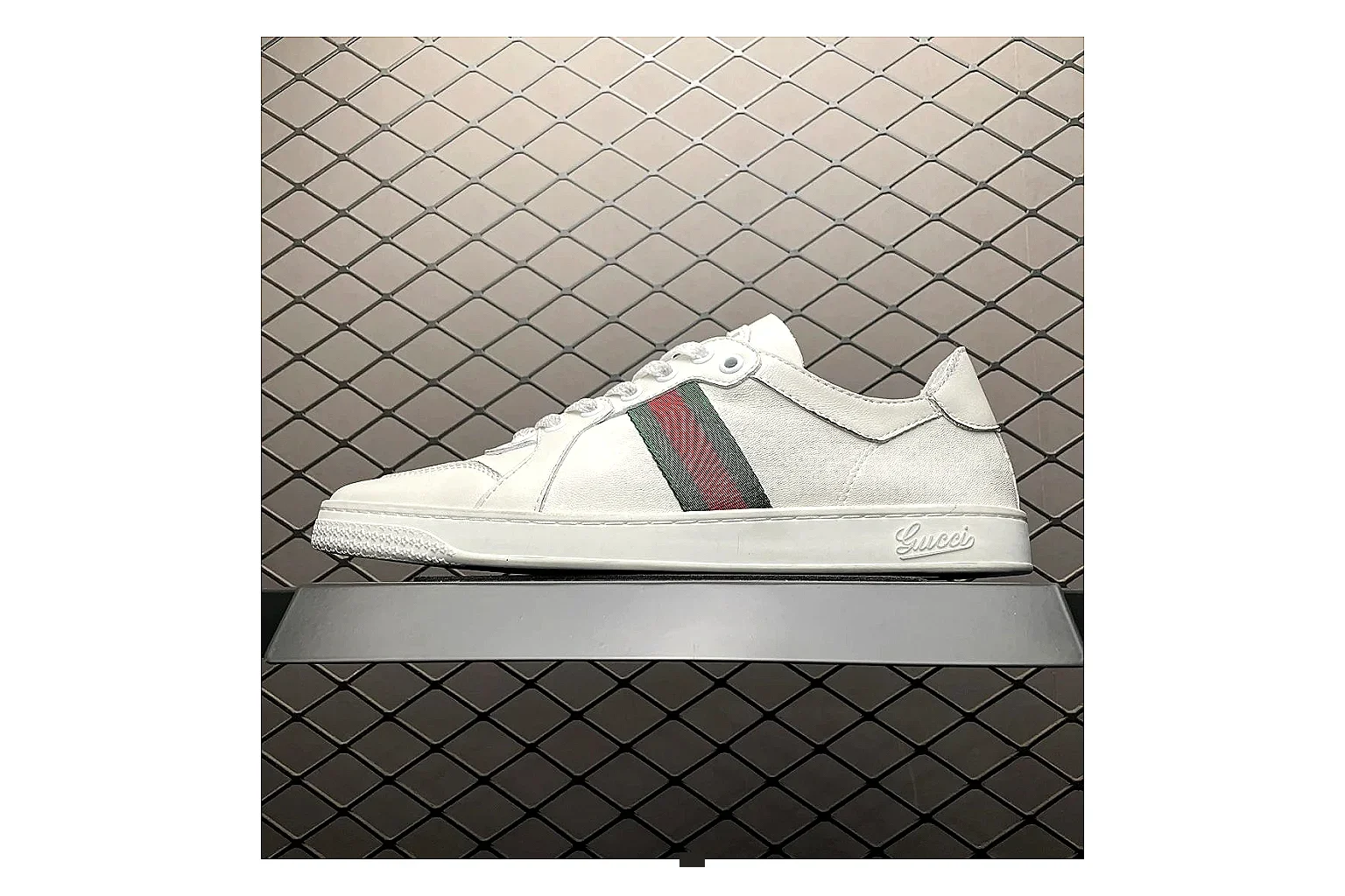 Gucci Ace White Web Stripe Sneaker QC photo showing white red gold ace web-stripe low-top with leather upper and low top shape