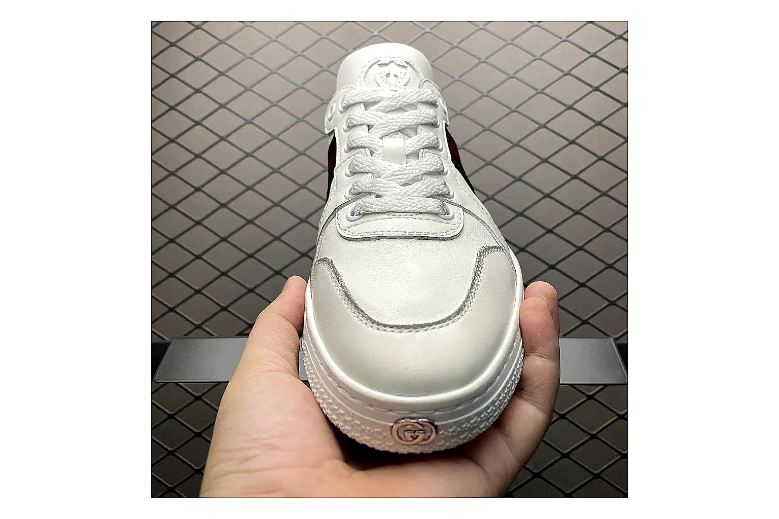 Gucci Ace White Web Stripe Sneaker QC photo showing white red gold ace web-stripe low-top with leather upper and low top shape thumbnail 3