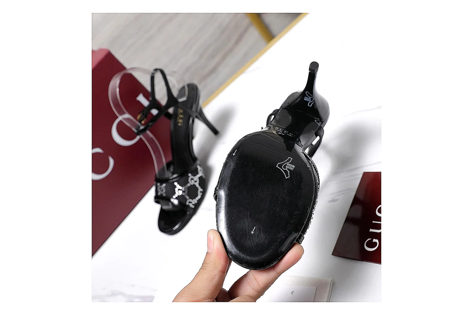kakoqclab.com Gucci Strappy Heel Black QC photo checklist six-photo gallery thumbnail 4