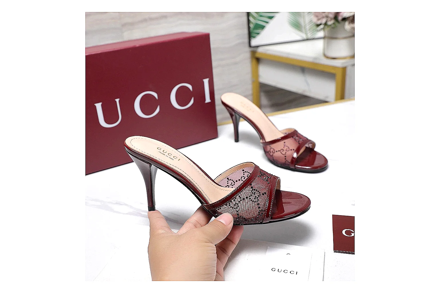 kakoqclab.com Gucci Strappy Heel Burgundy QC photo checklist six-photo gallery