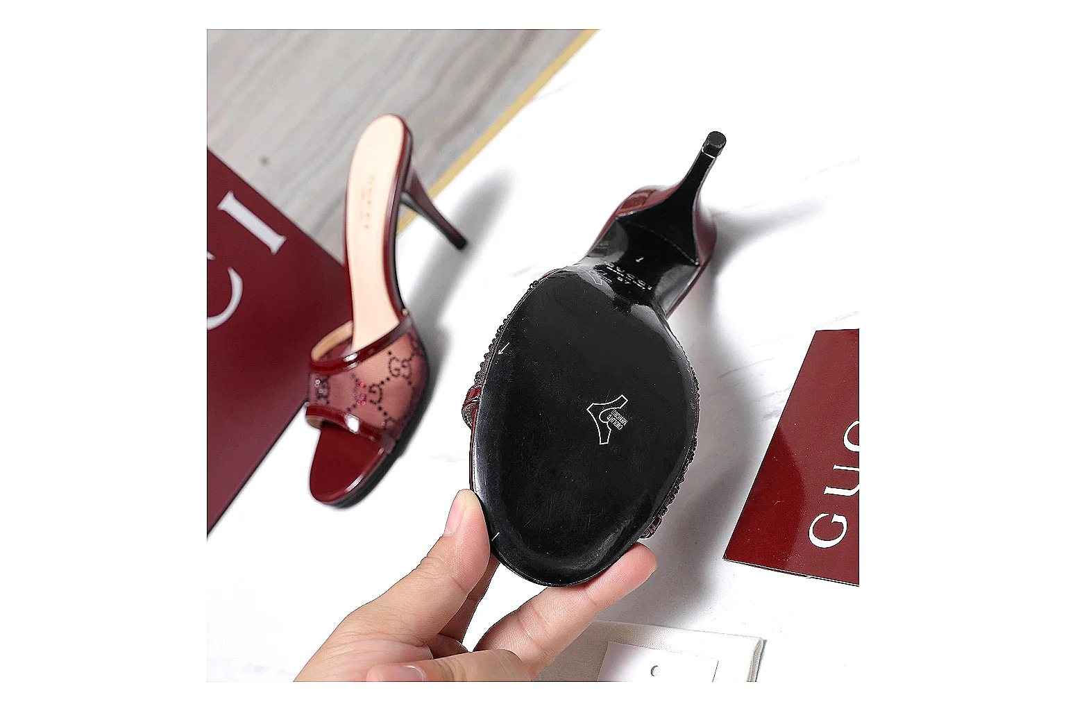 kakoqclab.com Gucci Strappy Heel Burgundy QC photo checklist six-photo gallery thumbnail 4