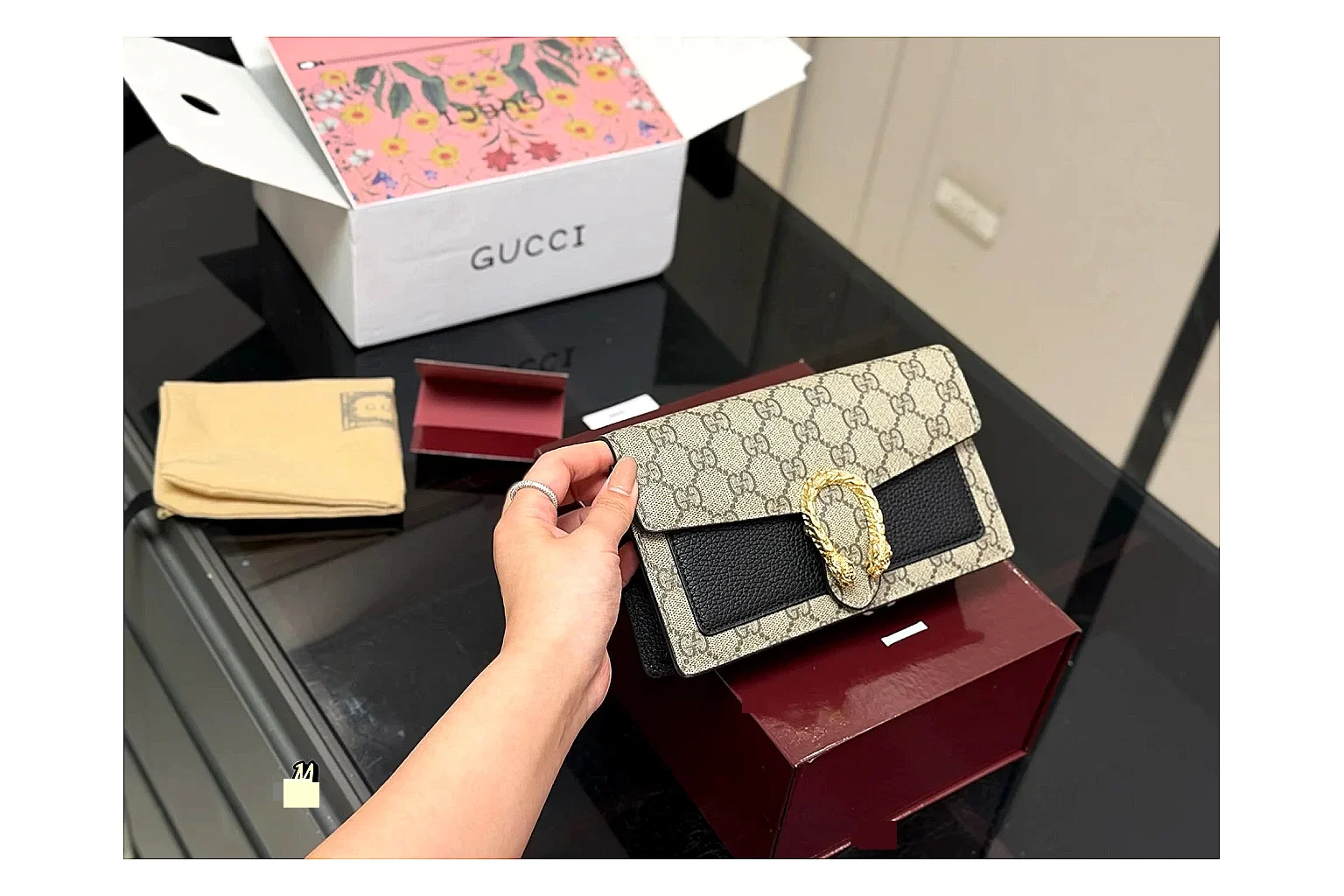 Gucci Wallet Set Beige Multi QC reference photo showing beige coated-canvas wallet pieces, multi accessory layout, compact luxury shape, and neat hardware details